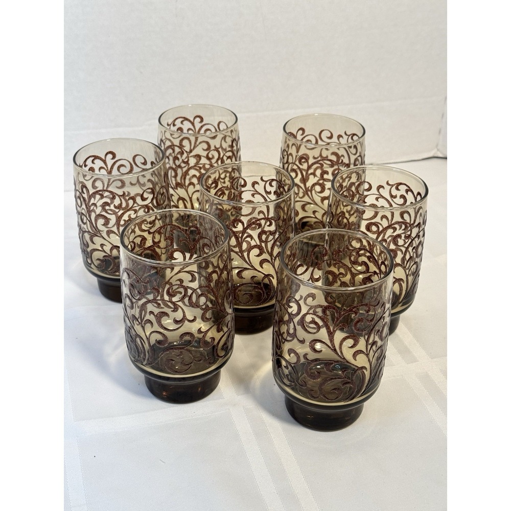Prado Libbey Glass Company Brown Raised Swirl Tawny Smoked Glasses Set of 7